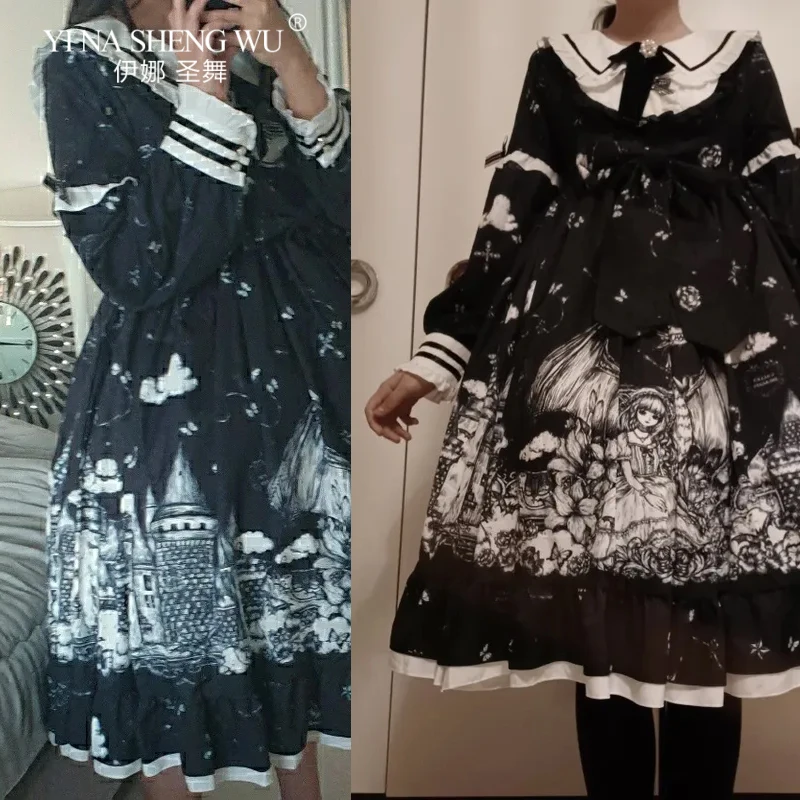 Gothic Lolita Black Loli Herfst Winter Dagelijks Lolita Hoge Taille Kawaii Meisje Cos Lange Mouw Jurk Vampier Kleding Halloween