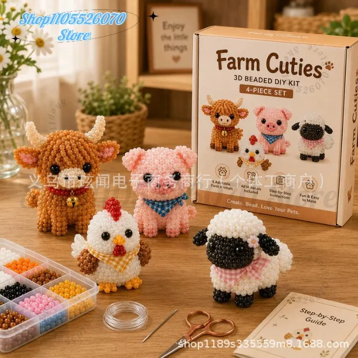Cute Farm Animal Bead Craft Kit Diy 3d Beaded Ornament Set Perfect For Home Decor Keychains & Gift