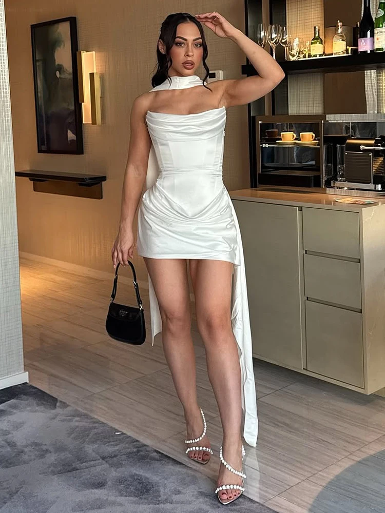 Kliou Sexy Strapless Mini Dress Woman Chest Wrap Backless Sleeveless Ruched Tassel Decoration Evening Prom Party Elegant Bodycon