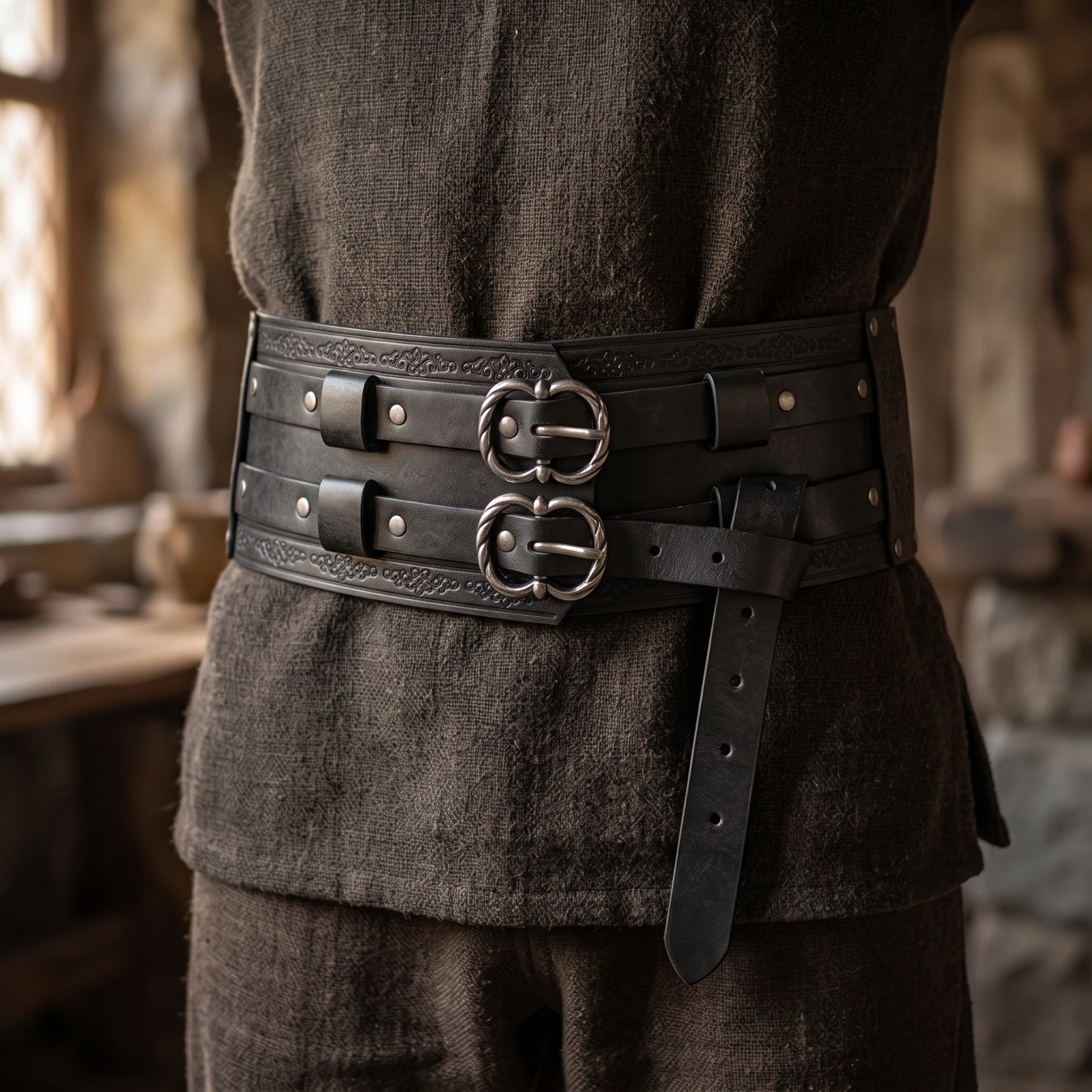 Embossed Belt with Metal Hardware Adjustable Leather Belt with Double Buckle Wide-Waist Black for Cosplayers