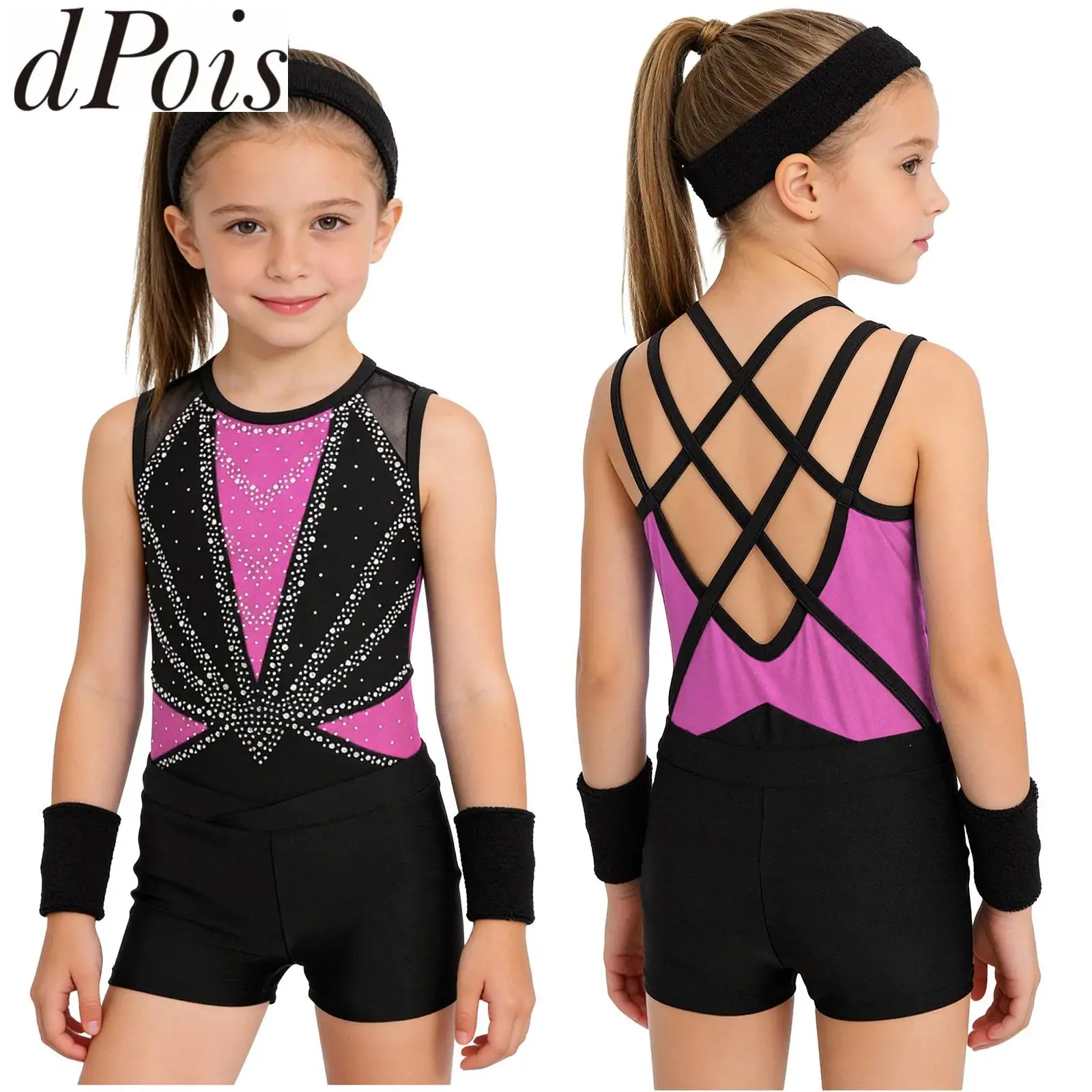 kids-girls-acrobatics-ballet-bodysuit-shorts-outfit-rhythmic-gymnastics-costume-dance-leotards-headband-wristbands-sports-set