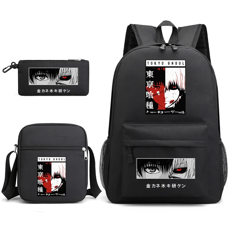 Anime Kaneki Ken 3-Piece Backpack School Large Capacity Zipper Schoolbag Kaneki Ken Backpack Shoulder Bag Pencil Bag