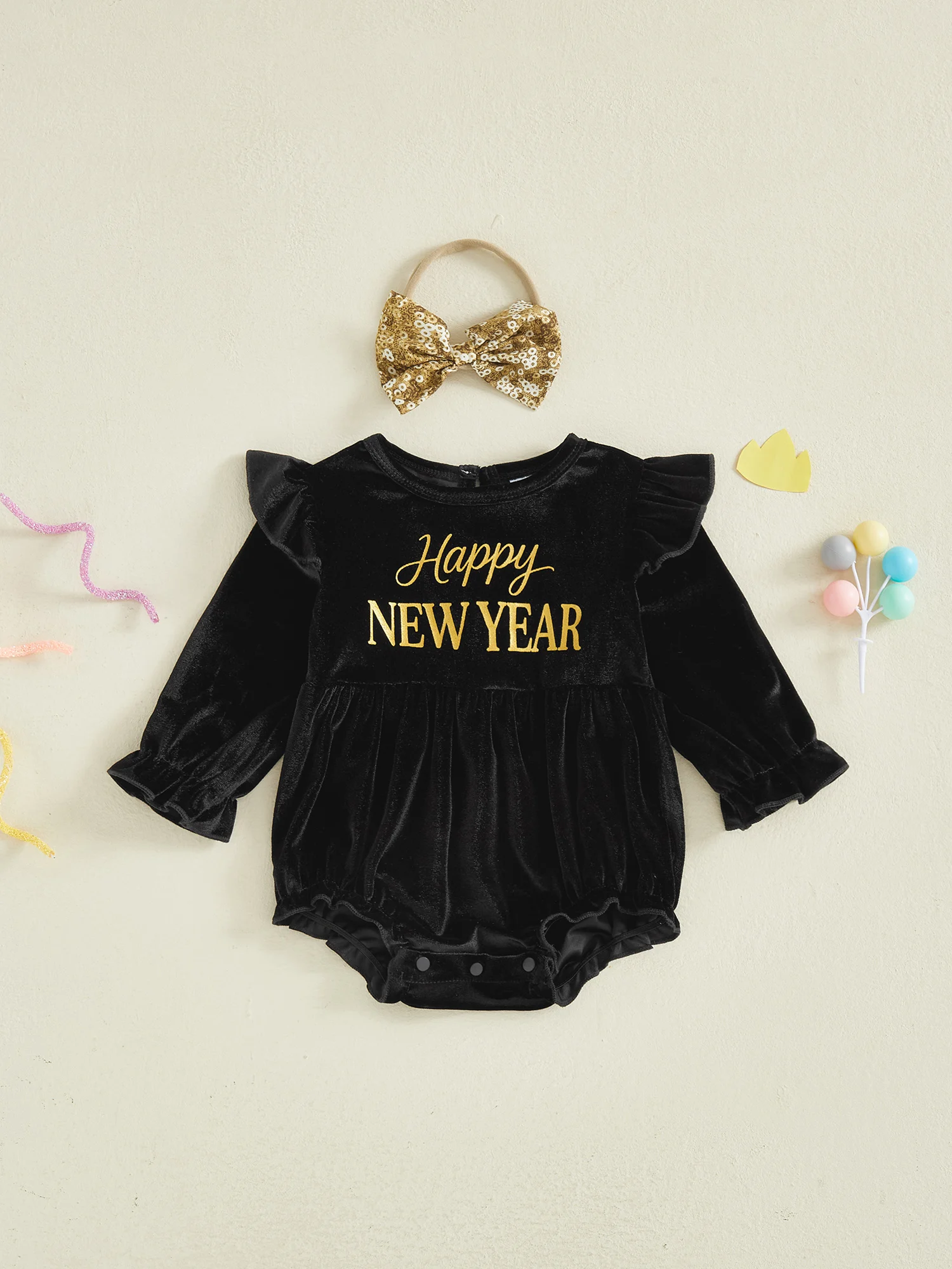 

Infant Princess New Year Sparkly Long Sleeve Round Neck Velvet Baby Romper with Glitter Bow Headband Set for Newborn Girl