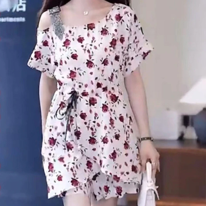 Chiffon shorts suit women's summer 2024 new skirt suit fashion semi-off-the-shoulder collar small two-piece suit