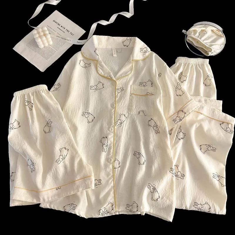 Women Pajama Short Sleeve Shorts Long Pants V-Neck Summer Girl Student Short Sleeve Pajamas Set Sleepwear Three-Piece Homewear