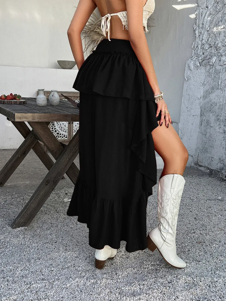 Jupe fluide à taille élastique pour femmes, à volants irréguliers, asymétrique, mi-longue, couleur unie, style Boho, Streetwear, jupe de plage décontractée