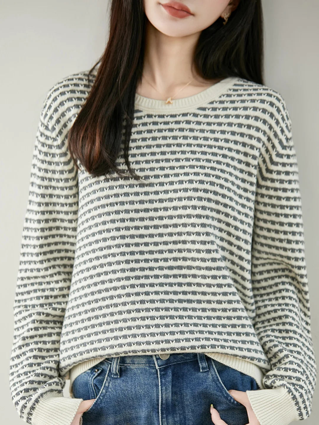 Retro Striped round Neck Pure Cotton Knitted Sweater Women Long Sleeve Loose Thick Warm Base Shirt Autumn Winter Sweater