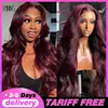 Perruque Lace Frontal 13x4 « Wear and Go » sans colle, cheveux naturels, texture ondulée (Body Wave), couleur bordeaux ; perruque Lace Closure 13x6 sans colle, prête à porter.