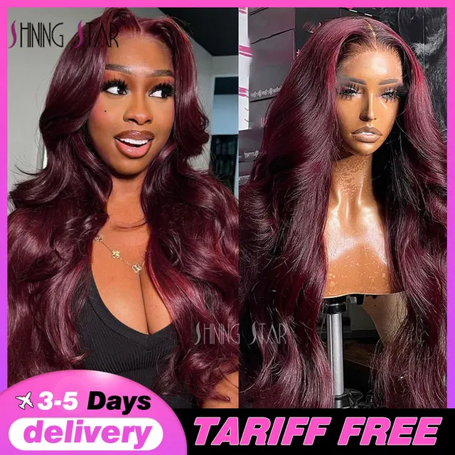 Perruque Lace Frontal 13x4 « Wear and Go » sans colle, cheveux naturels, texture ondulée (Body Wave), couleur bordeaux ; perruque Lace Closure 13x6 sans colle, prête à porter.