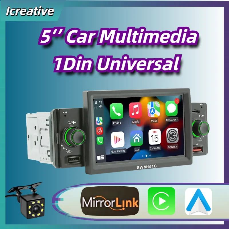 

1Din Car Radio Universal Multimedia Player Carplay&Android Auto Display Navigation Mirrorlink 5 Inch Touch Screen Autoaudio Mp5