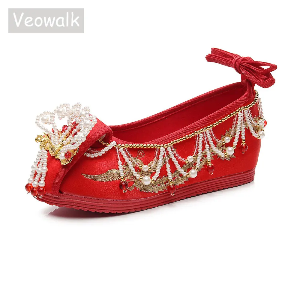 Veowalk Vintage Ankle Strap Women Golden thread Embroidered All Red Wedding Flats Elegant Lady Handmade Pearl Comfortable Shoes