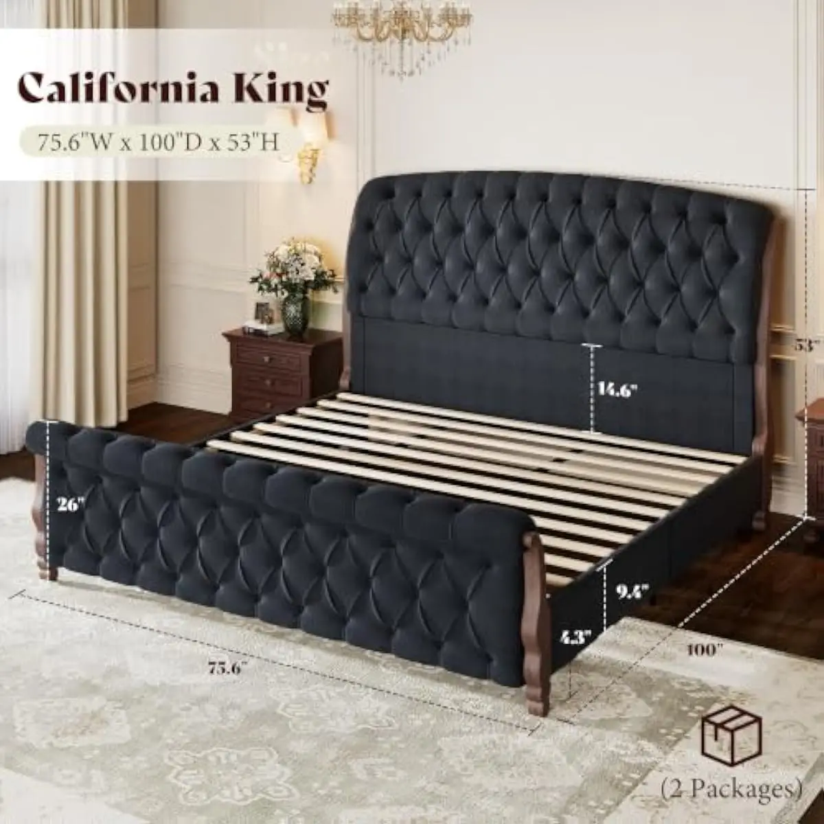 California King Sleigh Bed Frame with Curved Silhouette Platform Design Tall 53 Inch Chenille Upholstered Headboard Scroll Footb