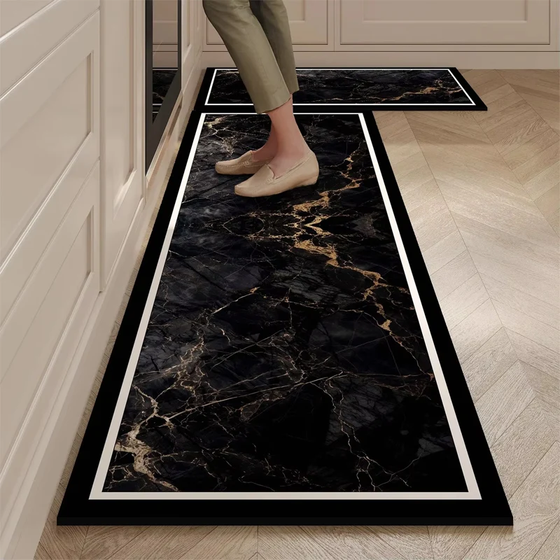 

Kitchen Mat Black Marble Pattern Rug Waterproof Oil-proof Non-slip Floor Mat Home Decoration Leather Carpet Alfombras De Cocina