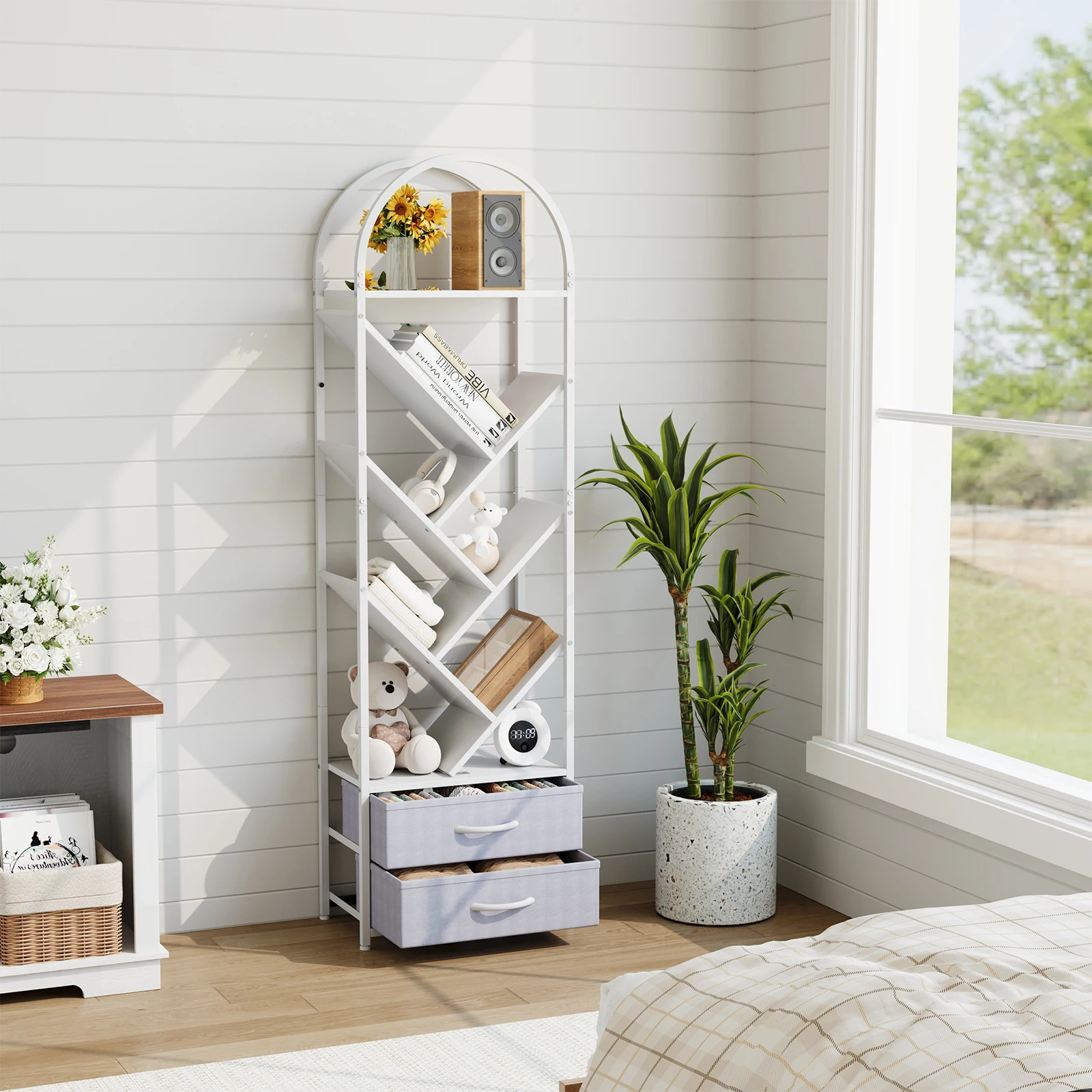 Arched Zigzag Bookshelf, Freestanding Diagonal Open Bookcase with Metal Frame and 2 Fabric Drawers, Creative Display Storage Rack for Bedroom Living Room
