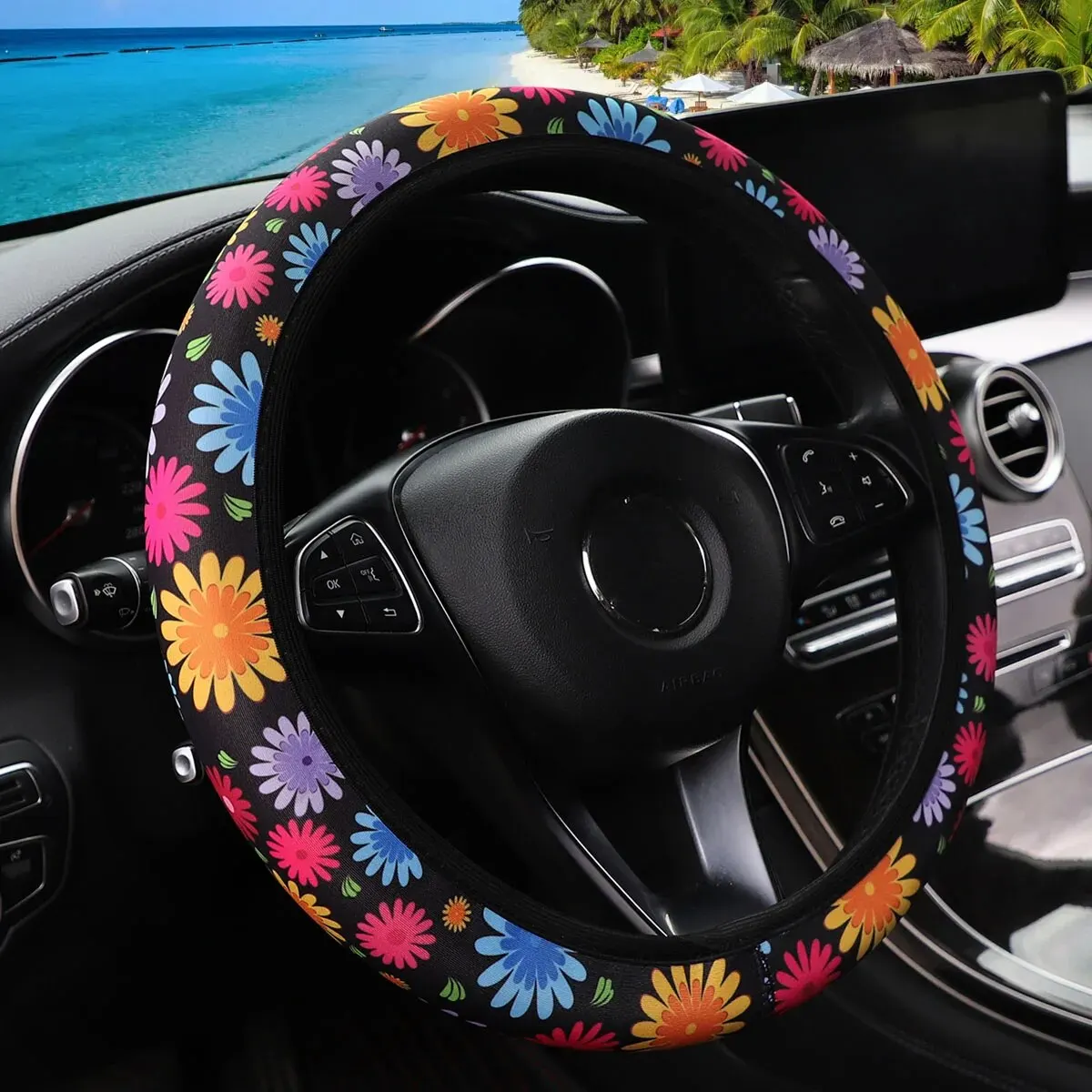 Flower Panda Spider Web Fabric Non-slip Car Steering Wheel Cover without Inner Ring Car Accessories Suitable for 14.5-15INCH