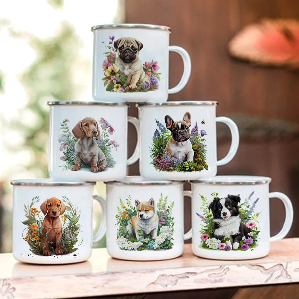 Taza de café creativa con estampado de Dachshund Bulldog Border colliegold Retriever, taza de esmalte con asa para acampar, regalos para amantes de los perros