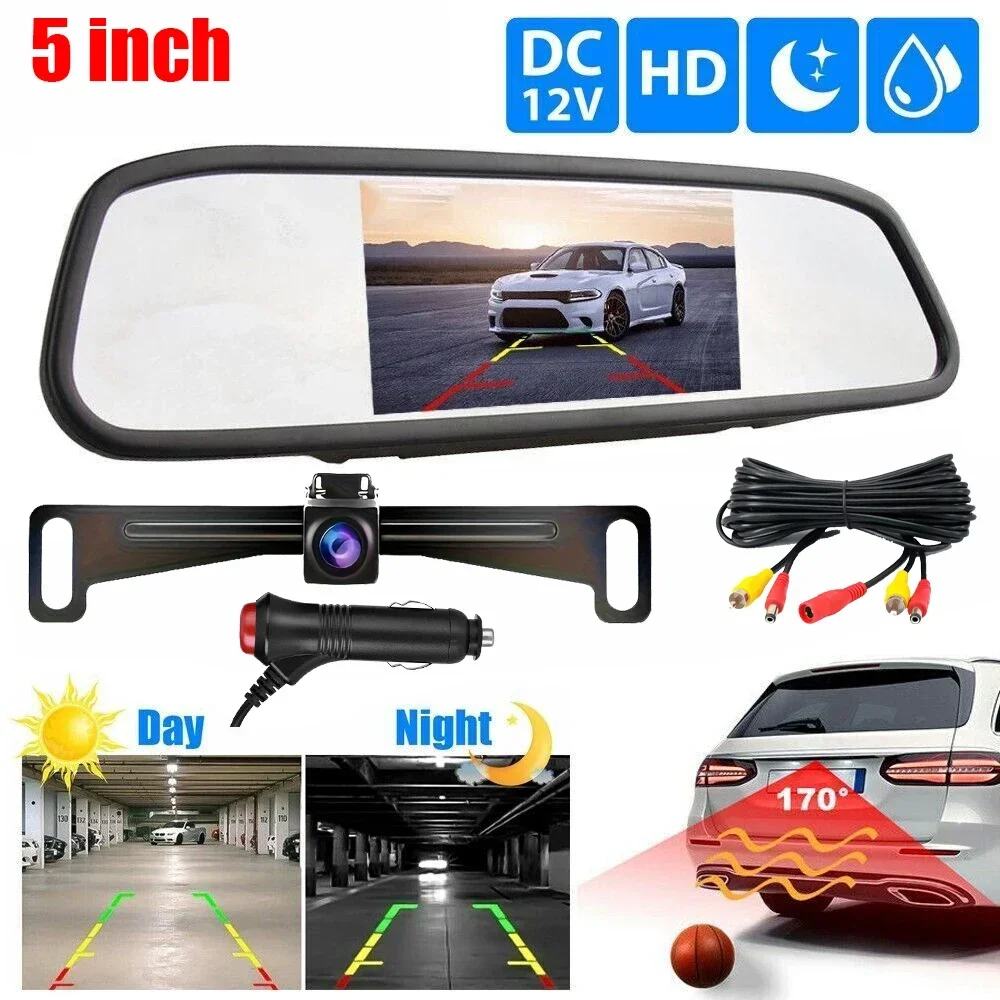 

QueenDer 5 inch LCD Rear View Mirror Monitor Reversing Backup Camera Kit for Car MPV RV SUV Parking Easy Installation