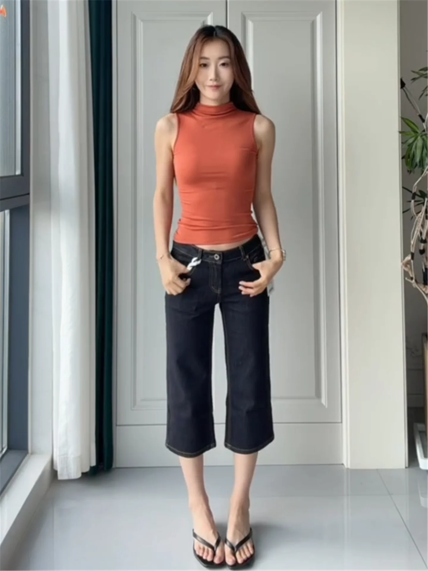 

American Vintage Low Waist Seven-Foot Jeans Women's Summer Slimming Design Casual Mid-Calf Denim Pants Hot Girl Style