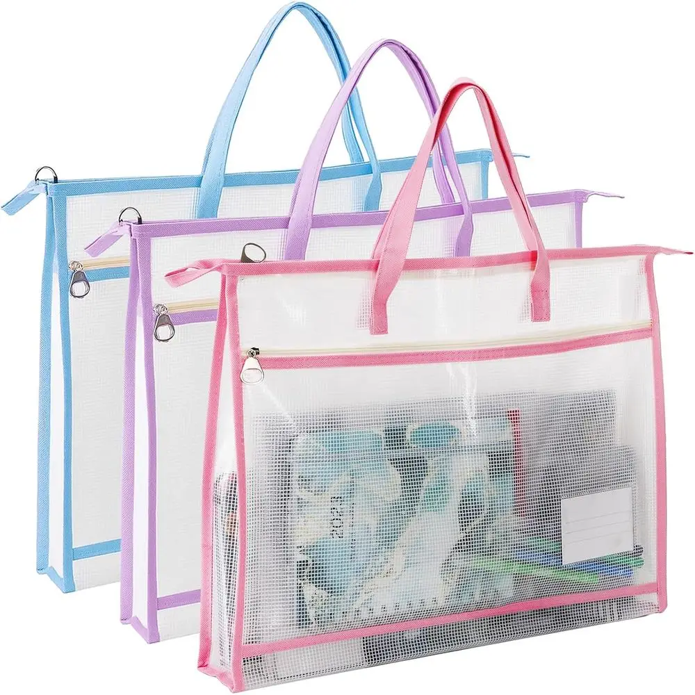 

Hedume 3 Pcs A3 Project Bags, Clear Mesh Sewing Bag with Zipper, Handle & Pockets, Clear Mesh Design Art Supply Bag Artwork Stor