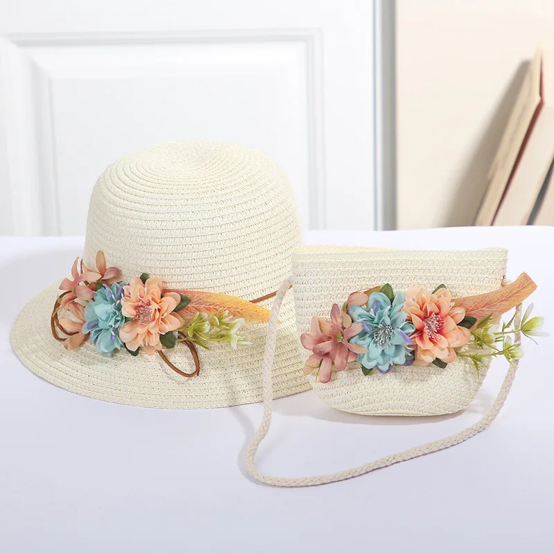 Girls Straw Hat Set Tourism Sun Hat Flower Children Sun Hat and Bag Set Baby Outdoor Wide Brim Bucket Hats Set