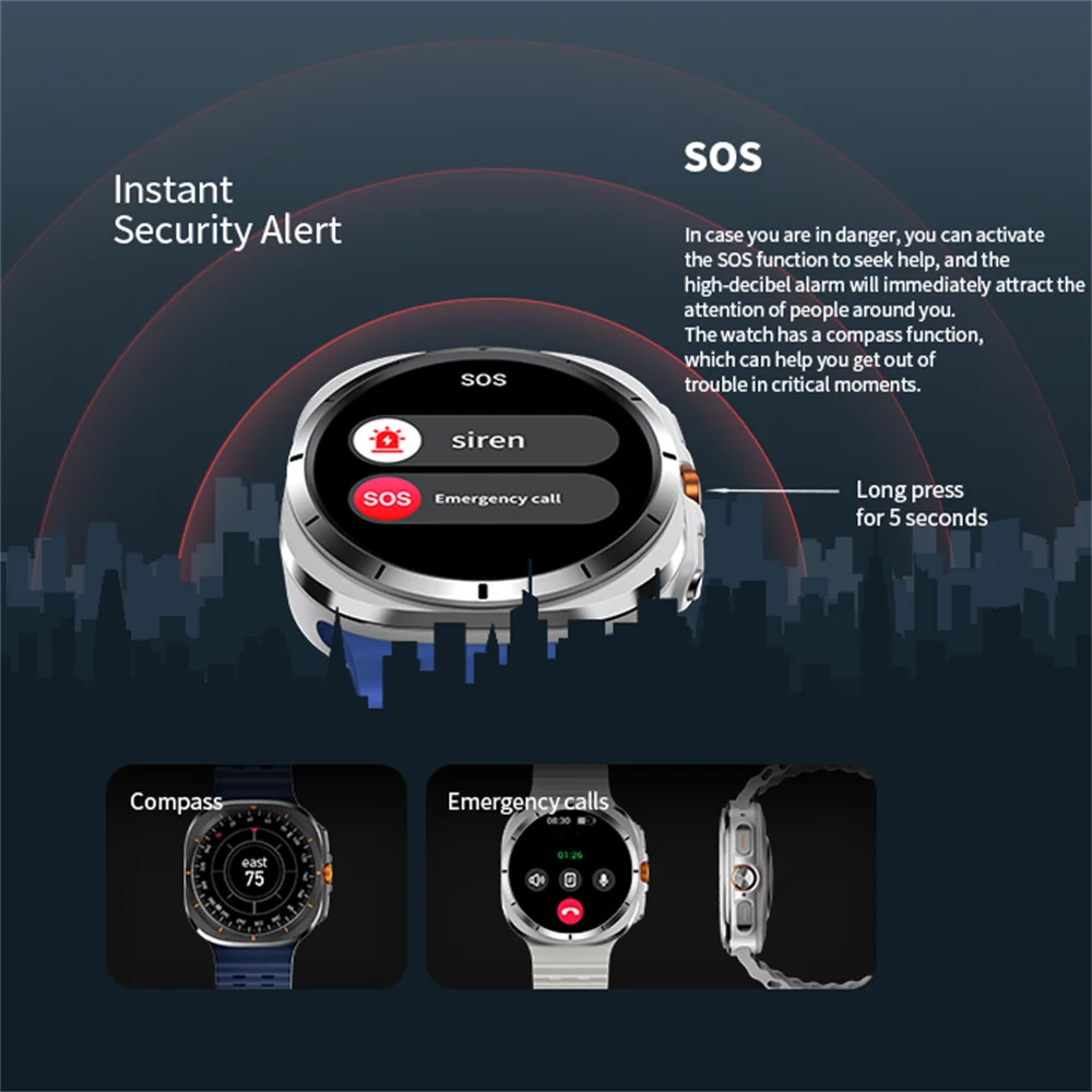 Reloj SOS 7 Ultra GPS brújula relojes inteligentes deportes al aire libre BT llamada Smartwatch hombres mujeres IP68 impermeable menú 3D Monitor de salud