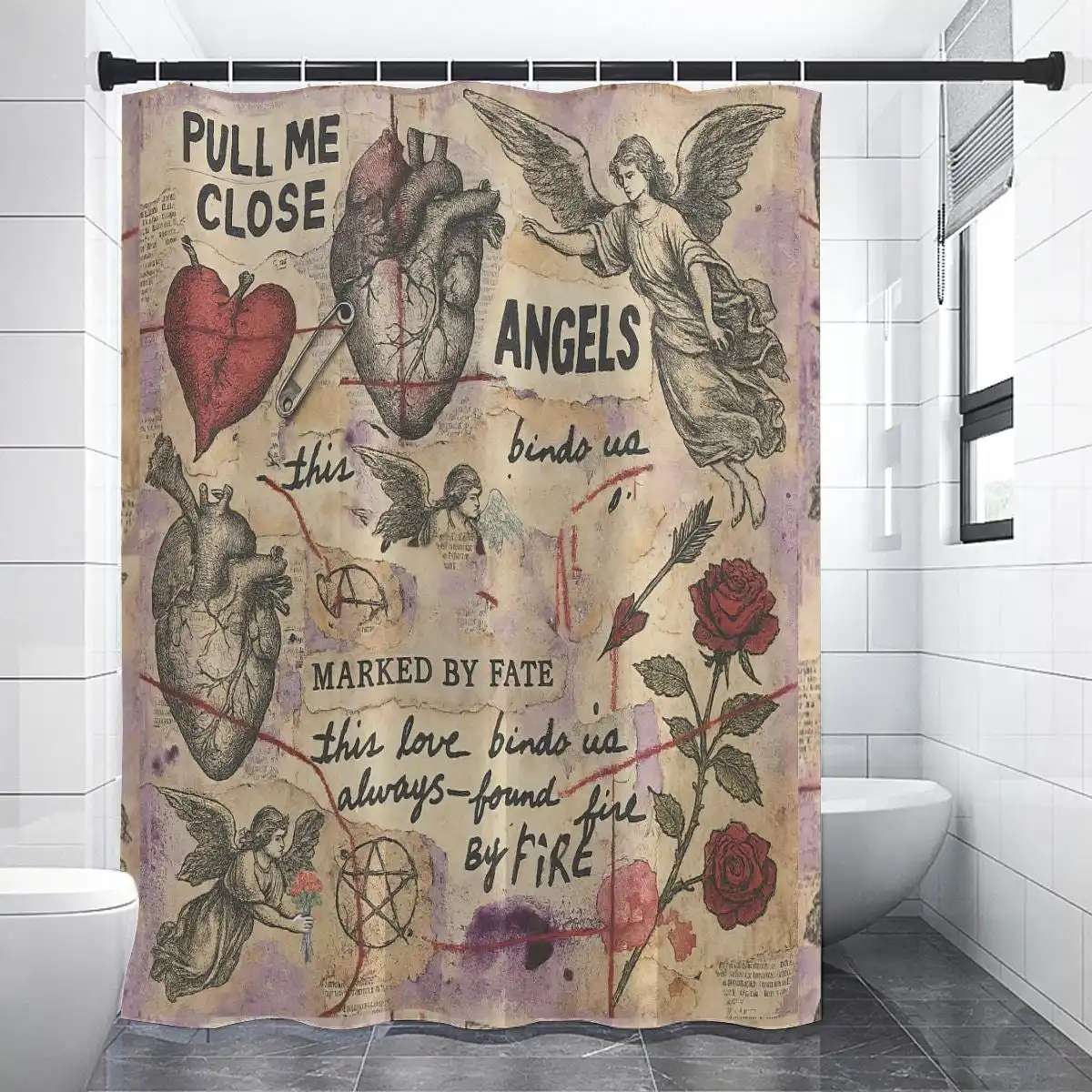 Vintage Gothic Angels Love Fate Constellation Print Shower Curtain Bathroom Decor Wall Art