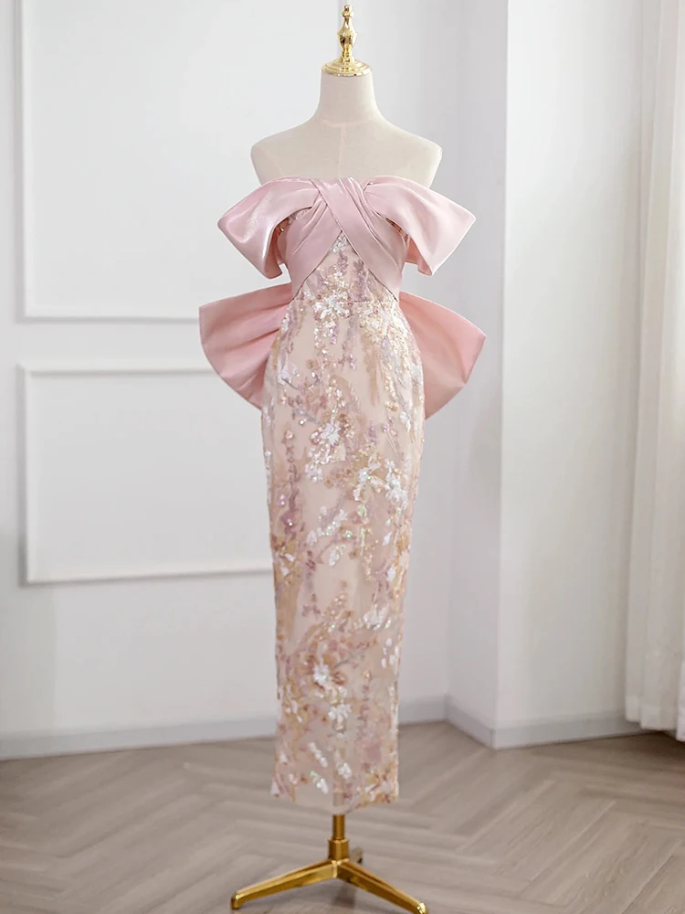 

Pink One-oulder Sequin Evening Dr Korean Sle Wedding Dr Engagement Par Dr Slim-Fit Bridal Dr for Women