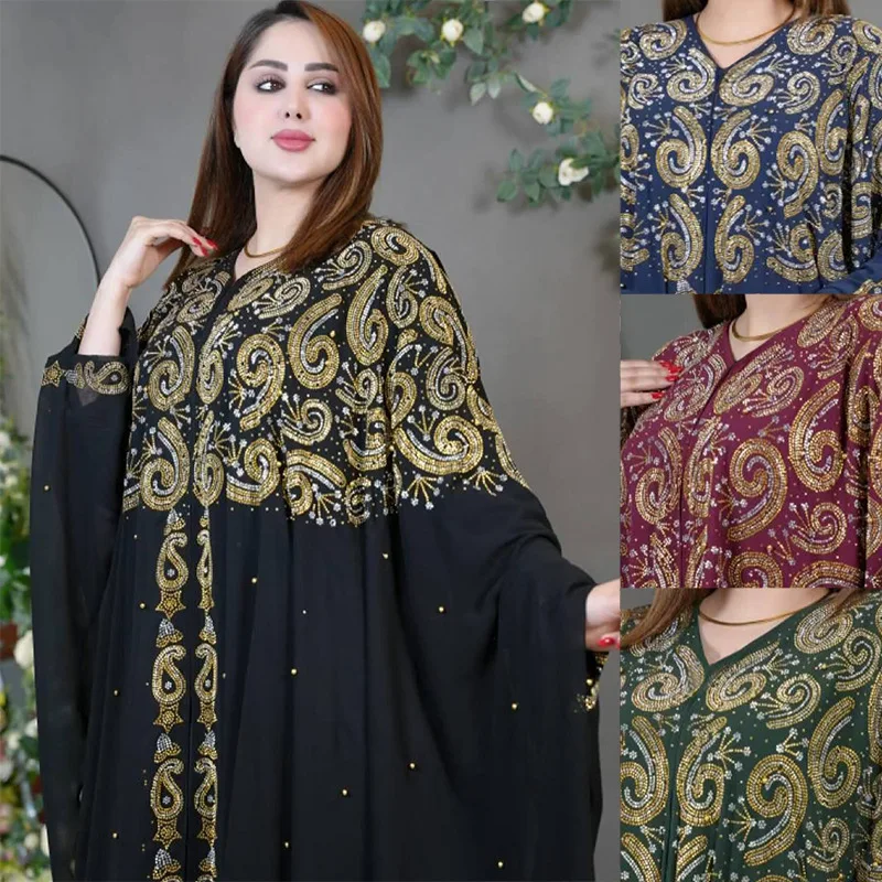 

rican Muslim Sle Long Dr Beaded Chiffon Loose Gown Geometric Pattern Ball Gown Basic Sle oulder Insert Sve