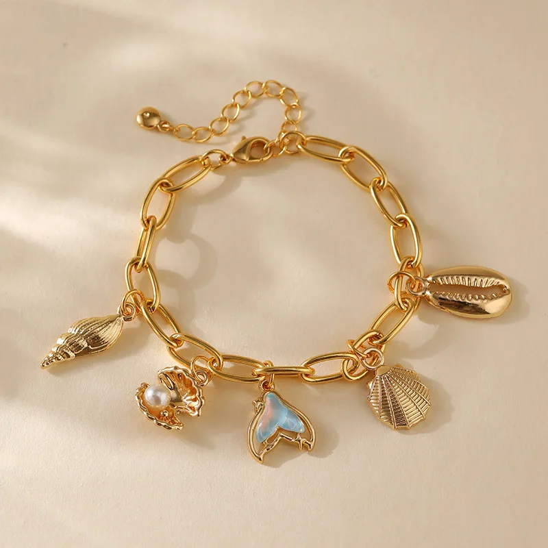 Pulsera de cadena de cola de sirena de concha de estrella de mar de acero inoxidable para mujer Y2K pulsera con colgante de estilo océano de Metal hecha a mano joyería de lujo