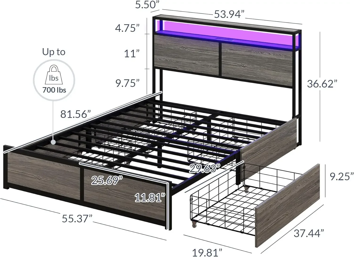 2-Tier Storage Headboard and 4 Drawers Under Bed, Sturdy Metal Platform Bed with Remote Control RGB LED Light