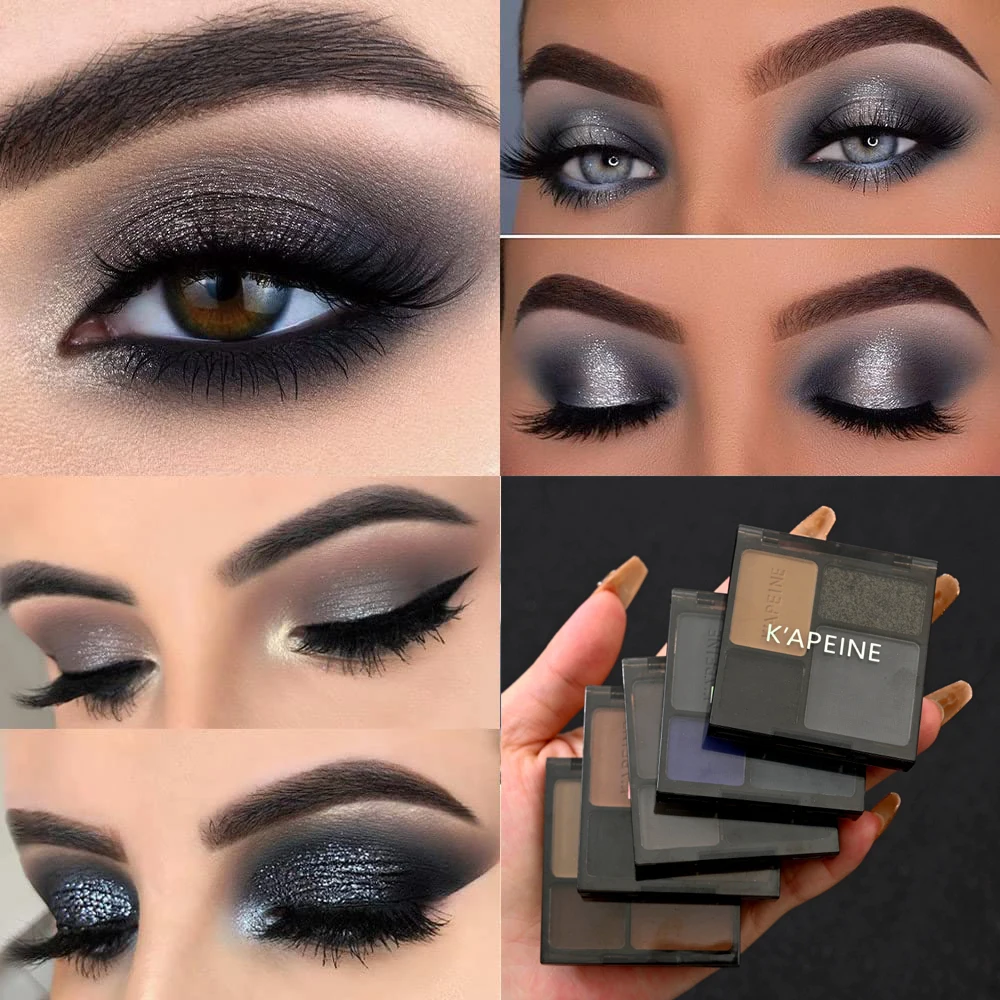 Preto smokey cinza prata glitter shimmer paleta de maquiagem dos olhos 4 cores fresco tonificado fosco compõem paleta de sombra de brilho preto