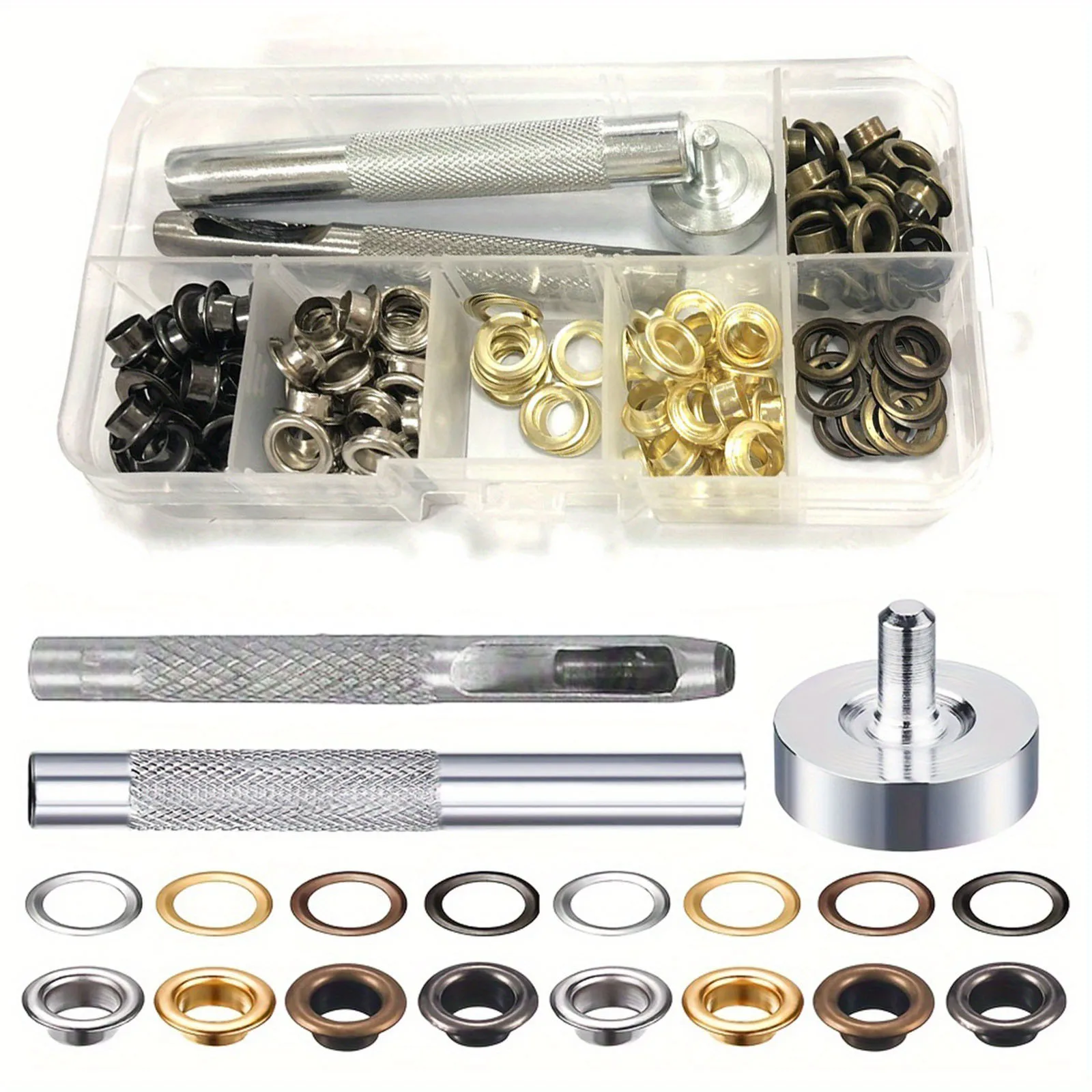 Image of 100/200/400 Sets, gemischte 4 Farben, 6 mm (1/4 Zoll) Ösen, Metallösen mit Unterlegscheiben, inklusive 3-teiligem Montagewerkzeug-Set für Lederarbeiten