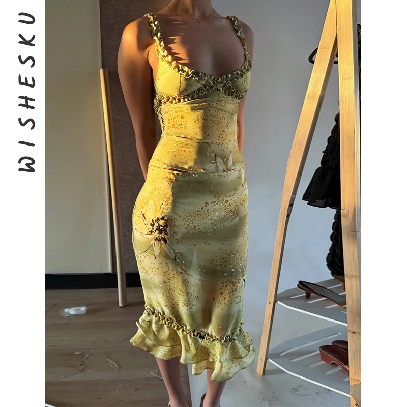 

2025 Women's Floral Print Ruffle 2 Piece Set Sexy V Neck Cami Top and Long Skirt Matching Party Club Outfits Y2K Streetwear