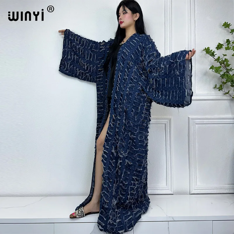 WINYI new faashion coat for women new 2023 Loose OverCoat autumn Hollow denim long down coat swimsuit cover up winter kimono