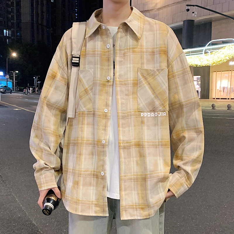 2025 Spring and Autumn New Blue Plaid Men's Long Sleeve Shirt American Style Youth Loose High-end Casual Yellow Shirt