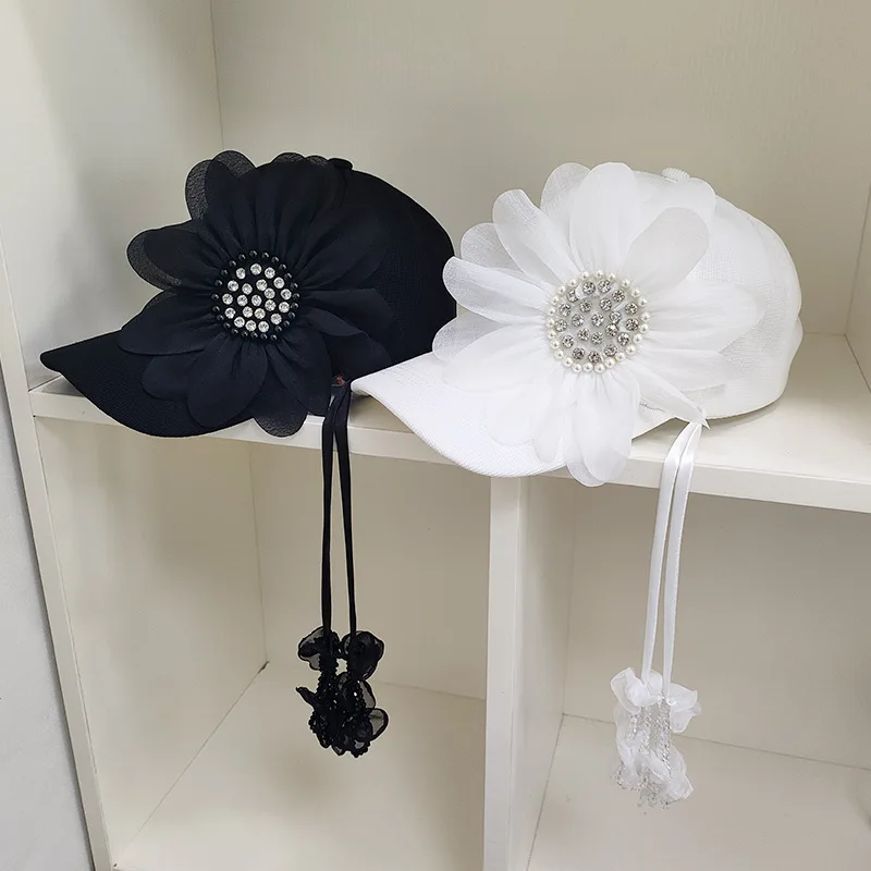 Women Breathable Chiffon 3D Rhinestone Crystal Flower Sun Baseball Cap Sweet Age Reduction Fashion Face Small Baseball Cap