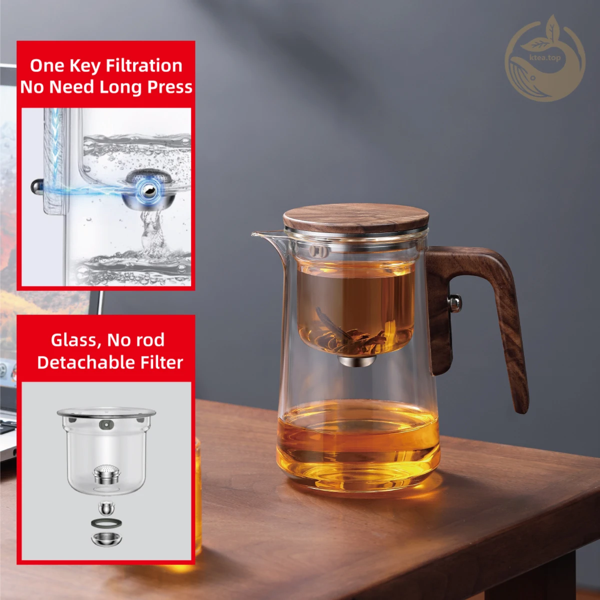 KTea Magical One-Key Brewing:  Real Walnut Glass Teapot with Infuser for Perfect Kung Fu Tea