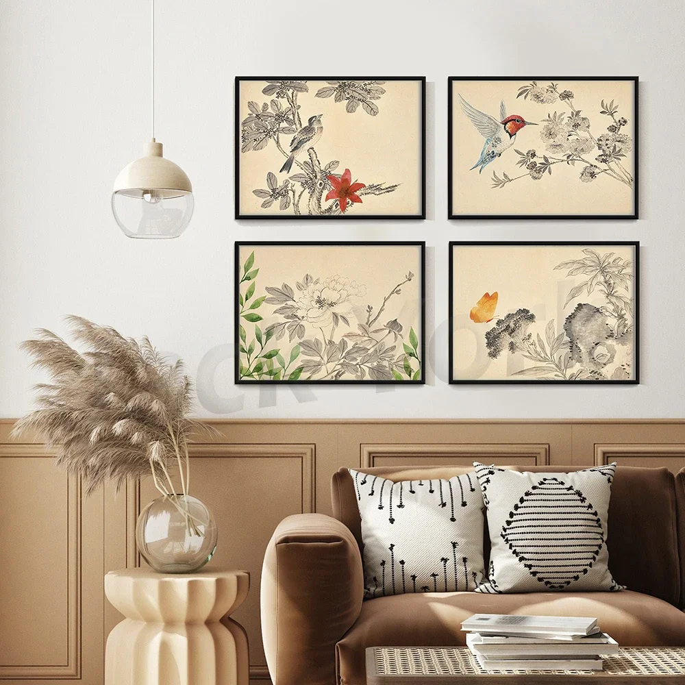 Chinese Bird and Botanical Print Set, Botanical Print, Bird Prints Set, Wall Art, Vintage Prints, Peony Prints, Chinoiserie Art,
