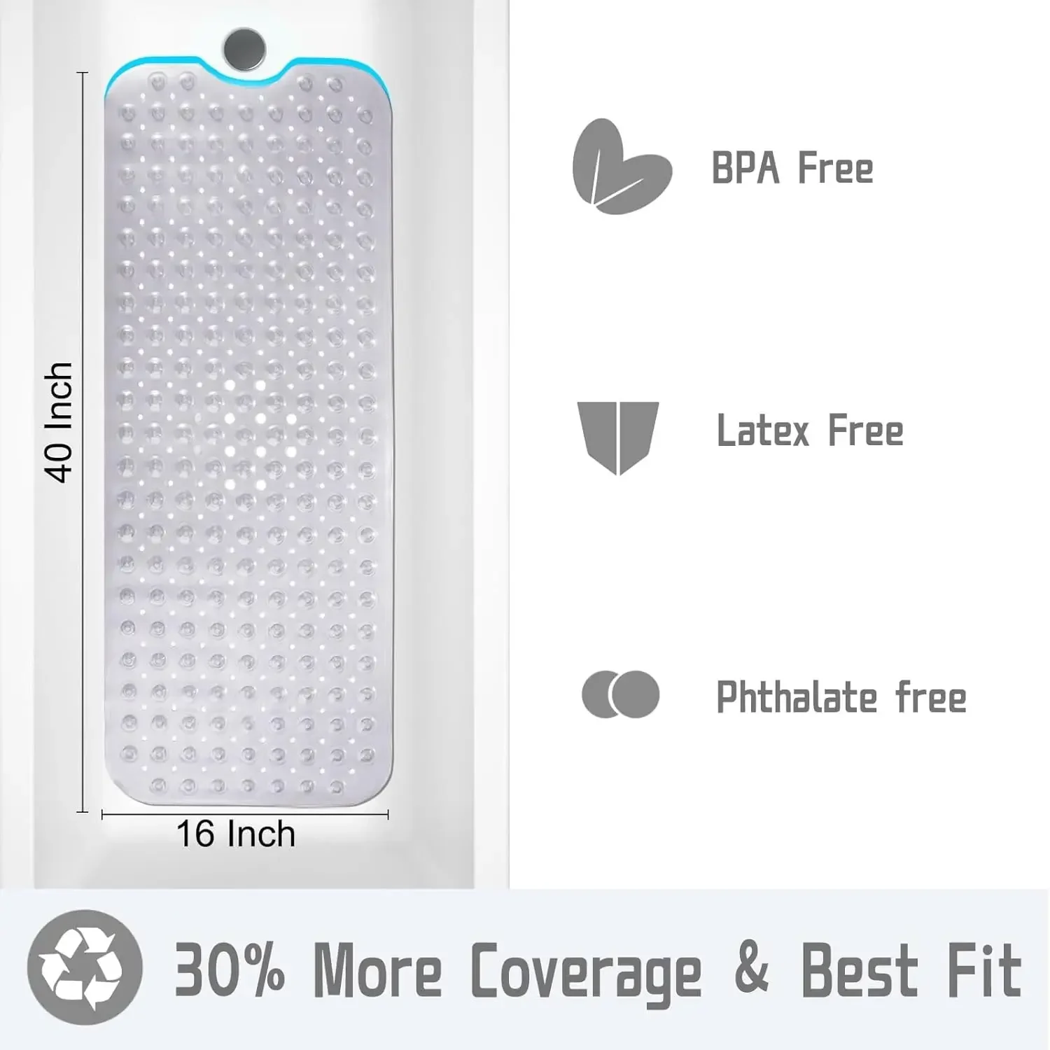 سجادة حمام بقبضة إضافية مقاس 40 × 16 بوصة مع أكواب شفط فائقة، وسادة أرضية دش سريعة الجفاف وغير قابلة للانزلاق للعائلة