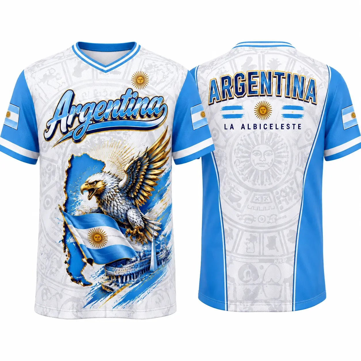 Argentina 2026 Eagle Crest Soccer Jersey - Blue & White Aztec Pattern Design Vintage-Inspired Football Fan Shirt for Men