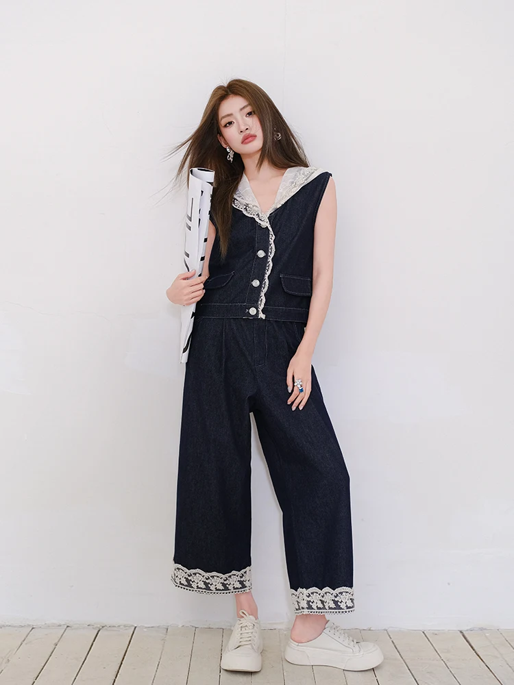 

Комплект MIUCO: Ретро-джинсовый костюм премиум-класса для женщин – кружевной худи, безрукавка, широкие брюки-кюлоты (9/10 длины), полный модный комплект