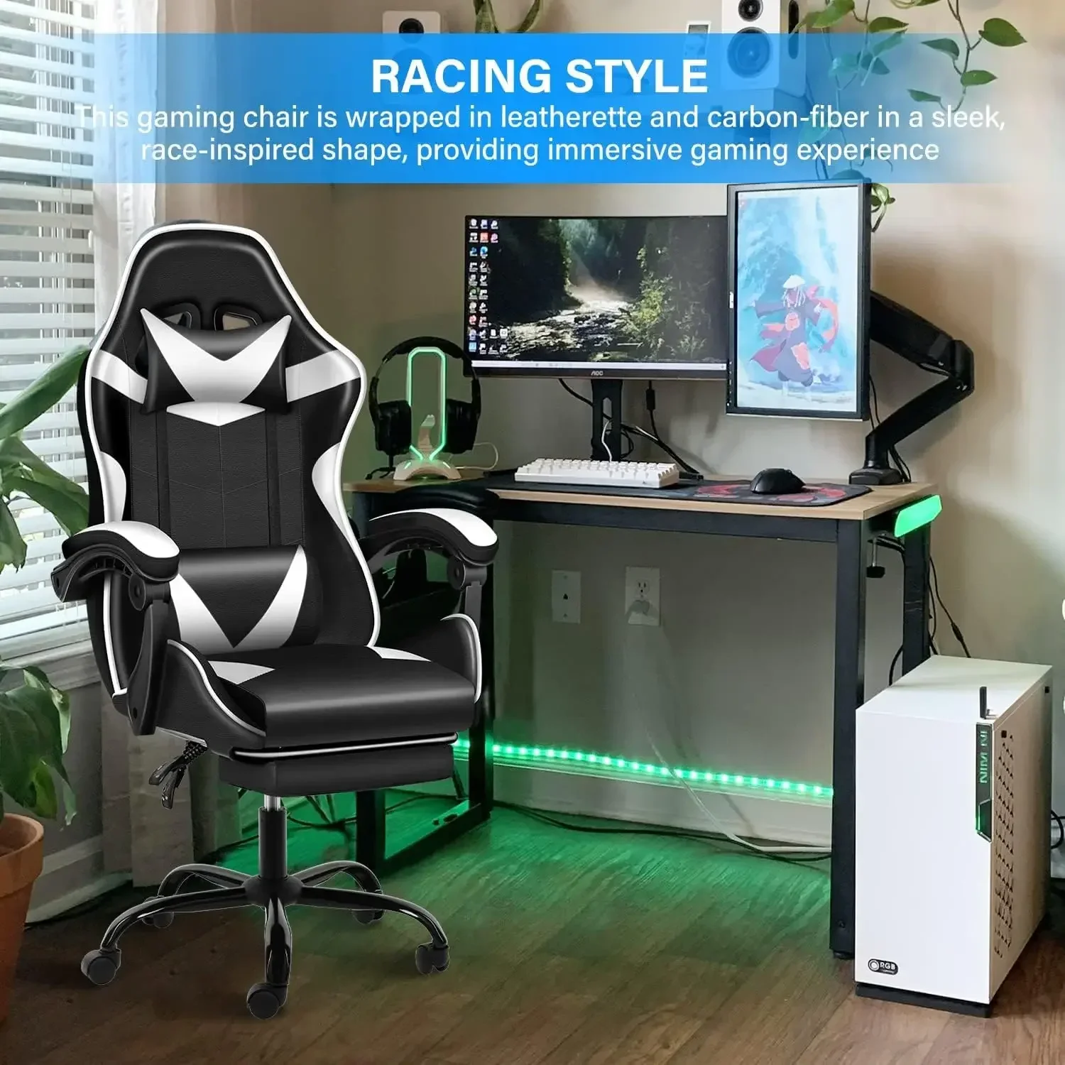 Gaming Chair with Footrest, Big and Tall Gamer Chair, Adjustable Swivel Office Chair, Ergonomic with Headrest and Lumbar Support