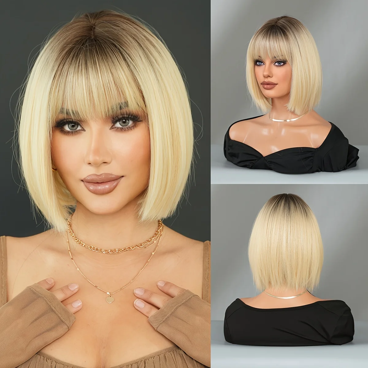 Bobo Head Short Straight Blonde Wig, Dark Root High Density Blonde Wig, Heat Resistant Synthetic Wig, 12 Inches