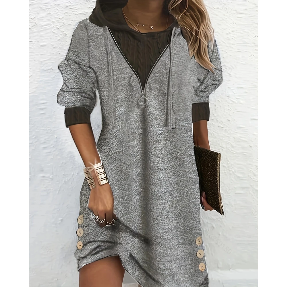 

Fashion Women Zipper Front Design Long Sleeve Drawstring Hooded Mini Dress Sporty Femme Buttoned Hem Decor Casual Dress 2024