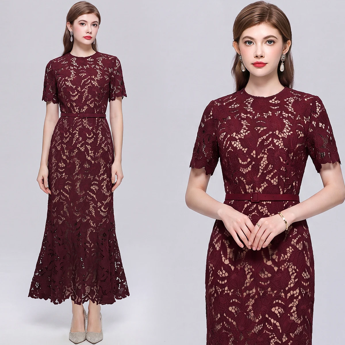 Elegant Wine Red Floral Lace Embroidery Dress Short Sleeve Slimming Evening Gown Mid-Length Skirt High Waist Polyester Fiber