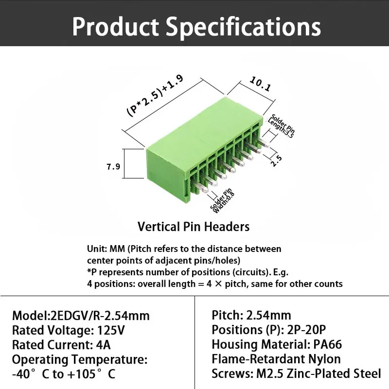 Vertical Pin Header/Green/2.54mm Pitch PCB Header Connector/ RC 2P-24P Plug-in PCB Terminal Block/Seiko Manufacturing