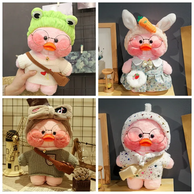 

30cm Cute Cafe Pink Duck Stuffed Plush Animals Toy Wear Glasses And Hoodie Soft Doll Girl Birthday Creative Gift For Girls