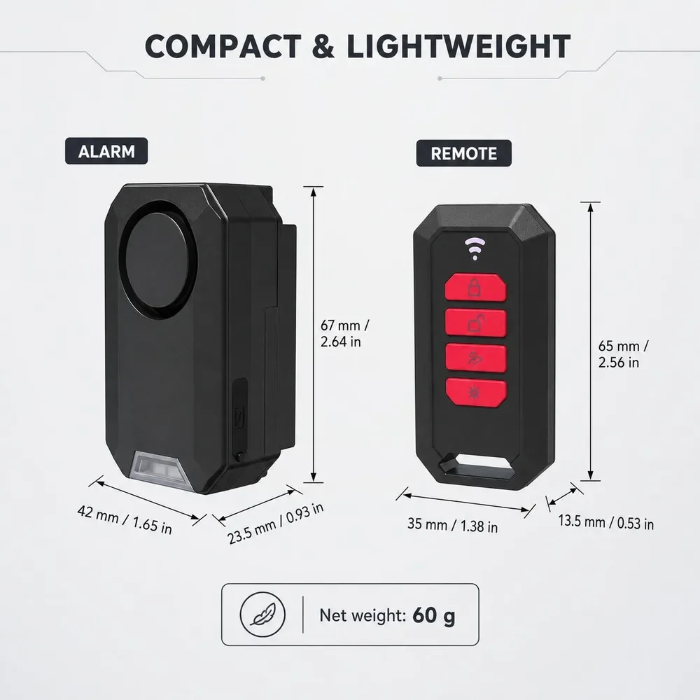 Wireless Bike Alarm 135DB With 50M Remote, USB-C Rechargeable IPX5 Bicycle Security Alarm And RGB Warning Light 06