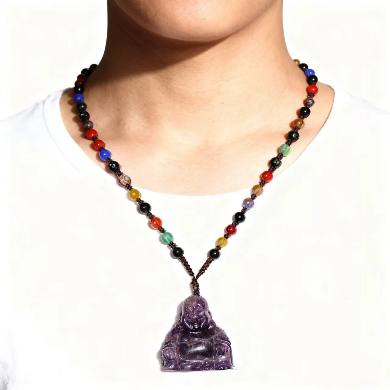 

Цельный натуральный аметист, кварц, драгоценный камень, кристалл, смех, Будда, резьба, ожерелье, кулон с цепочкой из натурального агата