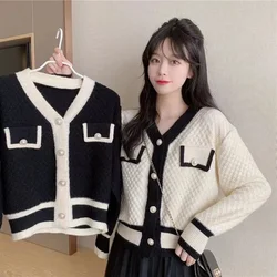 Tops de punto de manga larga para mujer, cárdigan suelto de viento perezoso, suéteres, abrigo coreano, prendas de punto con cuello en V, otoño e invierno, 2024